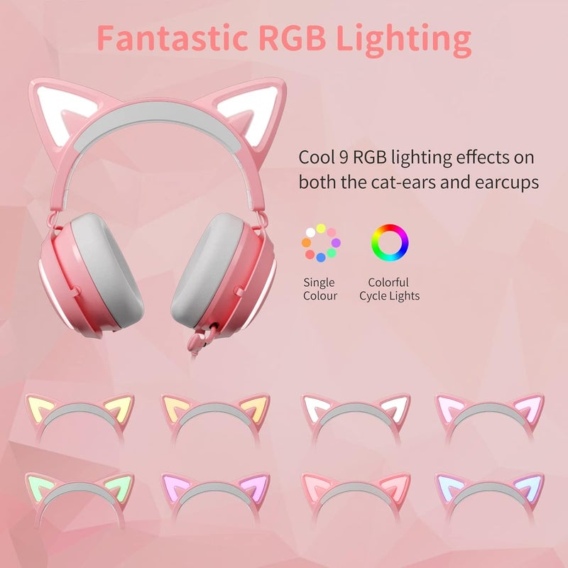 EASARS Pink Gaming Headset GS510, Wired, Over Ear, Cat Ear Design with RGB Lighting, 7.1 Surround Sound, Retractable Mic, Compatible with PC, PS4, PS5 - Image 2